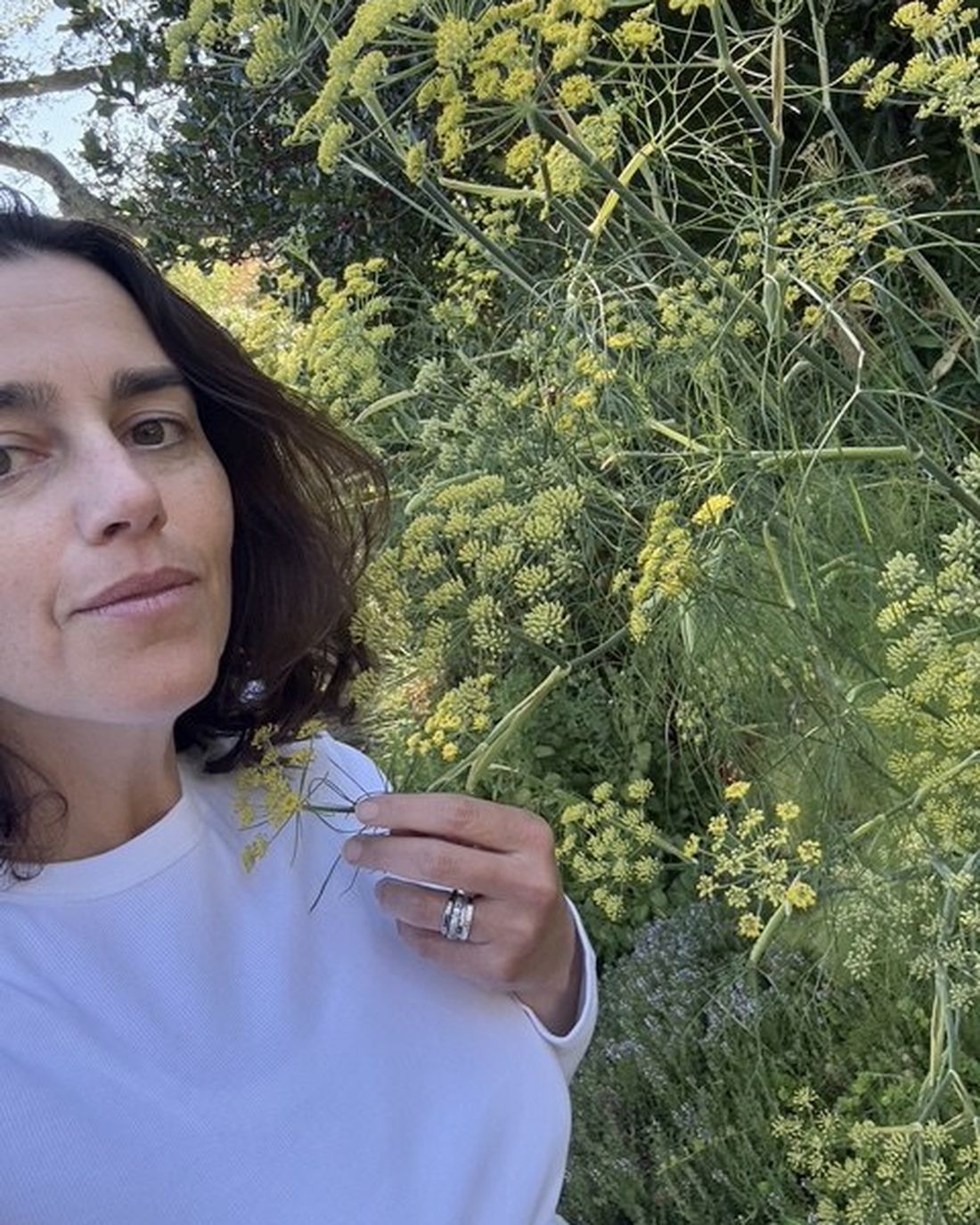 Sarah in the garden, holding a spray of fennel among the flowering herbs.