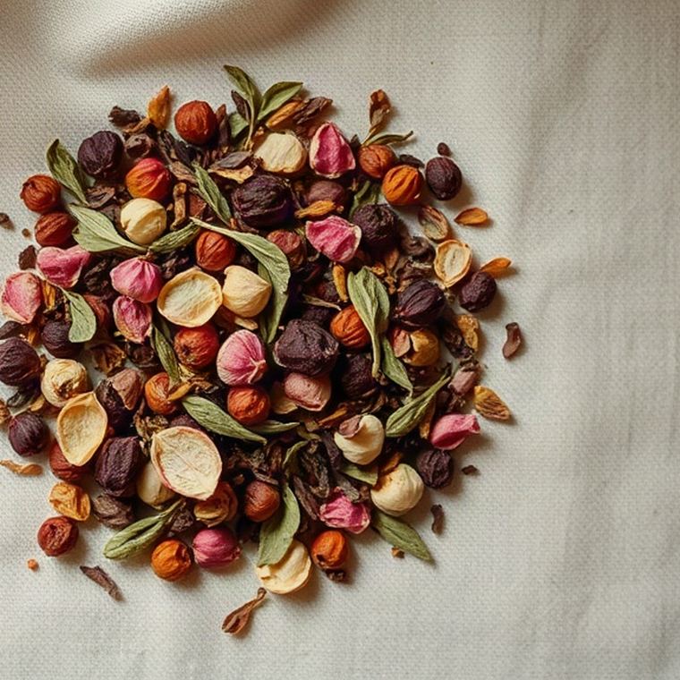 Loose dried Grief Tea blend — dark hawthorn berries, rose petals and pale green leaf — scattered on ivory linen.