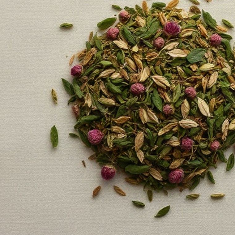 Loose dried Nourish Tea blend — deep green leaf, pale oatstraw and rose-coloured clover heads — scattered on ivory linen.