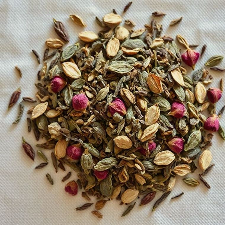 Loose dried Rescue Tea blend — green leaf, pale oat tops and small deep pink rosebuds — scattered on ivory linen.