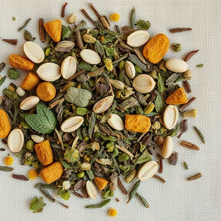 Loose dried Tummy Tea blend — mint leaf, fennel seed, pieces of ginger root and chamomile — scattered on ivory linen.